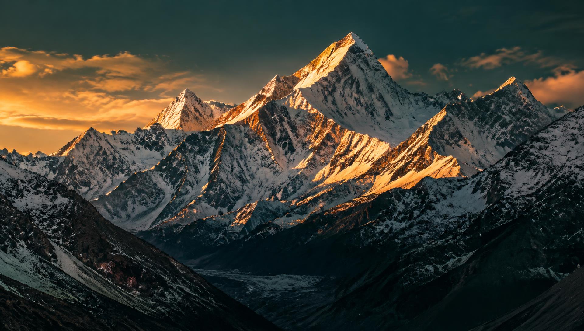 Snow-capped mountain peaks glowing at golden hour